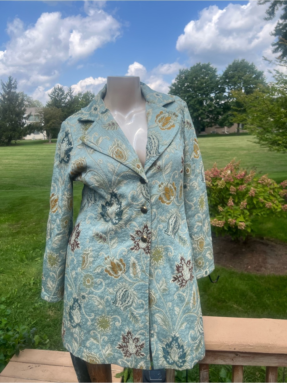 NorthStyle Jacquard Tapestry Pea Coat Blue Floral Paisley Cabi Retro Boho L/XL